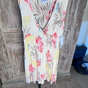 Raya sun Cream Floral V-Neck Dress  Coral and Yellow Accents length 33”